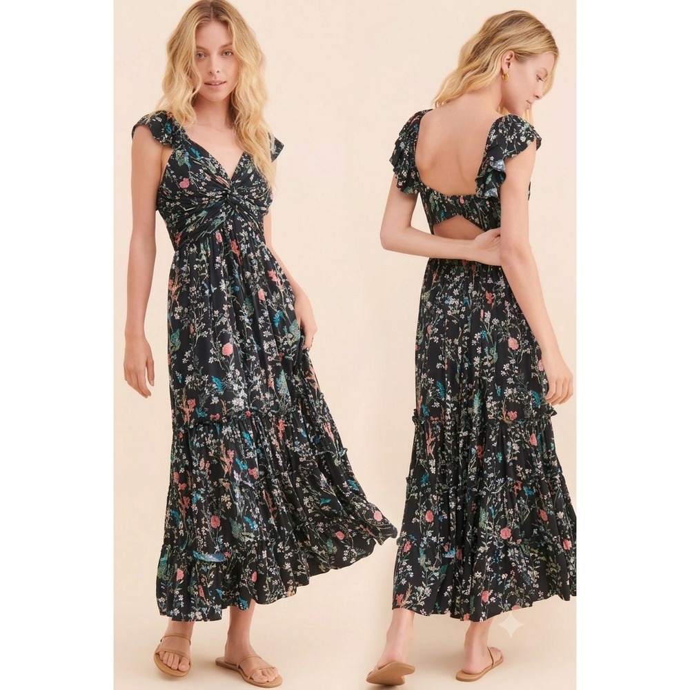 Anthropologie Let Me Be Sweetheart Floral Maxi Dress M Cut Out Boho Ruffle Tiers